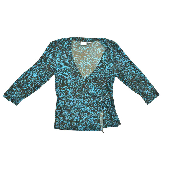 Chico's Women's Blue Patterned Wrap Blouse Top Regular Size 2 Polyester 3/4 Slee - Picture 1 of 8
